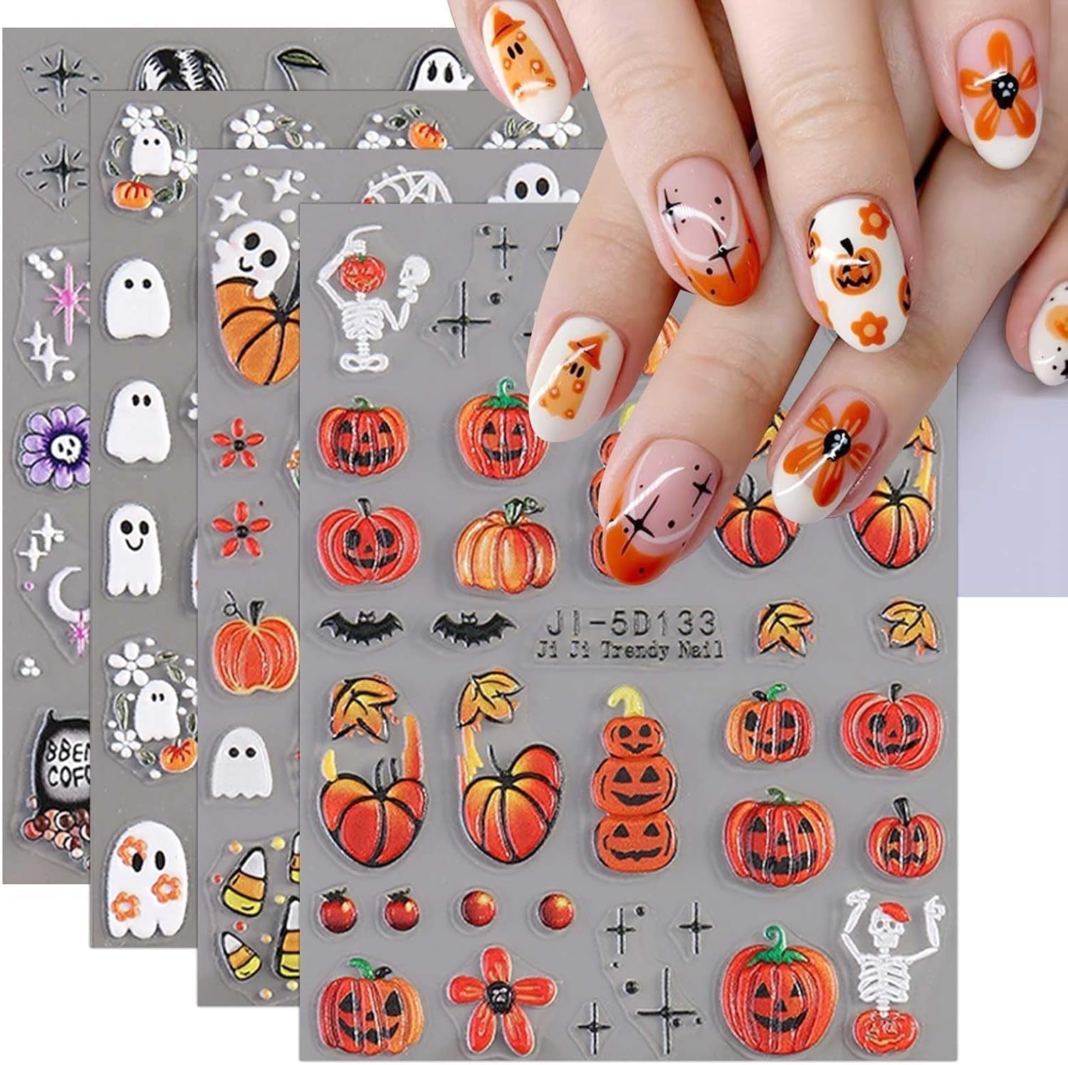 JMEOWIO 3D Nálepka na nehty Halloween Nail Art Nálepka Selbstklebend Nagelaufkleber 5D Stereoskopisch Süßer Geisterkürbis Dekoration Nageldesign Zubehör 4 Blatt