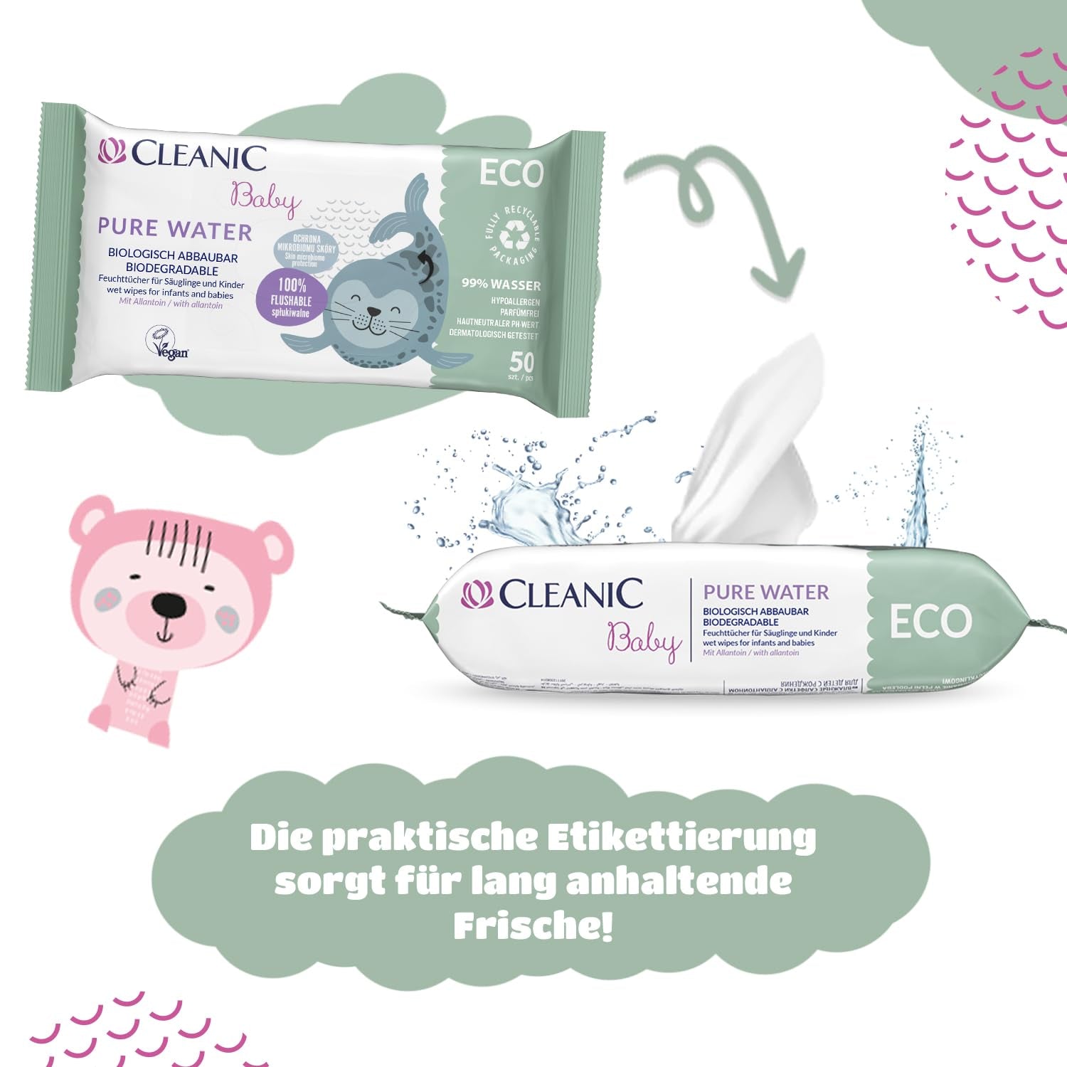 Cleanic Baby Eco Pure Water vlhčené ubrousky – (1 x 50 ks) Vlhčené ubrousky pro děti a kojence – bez parfemace, splachovatelná, citlivá pokožka – 50 ks.