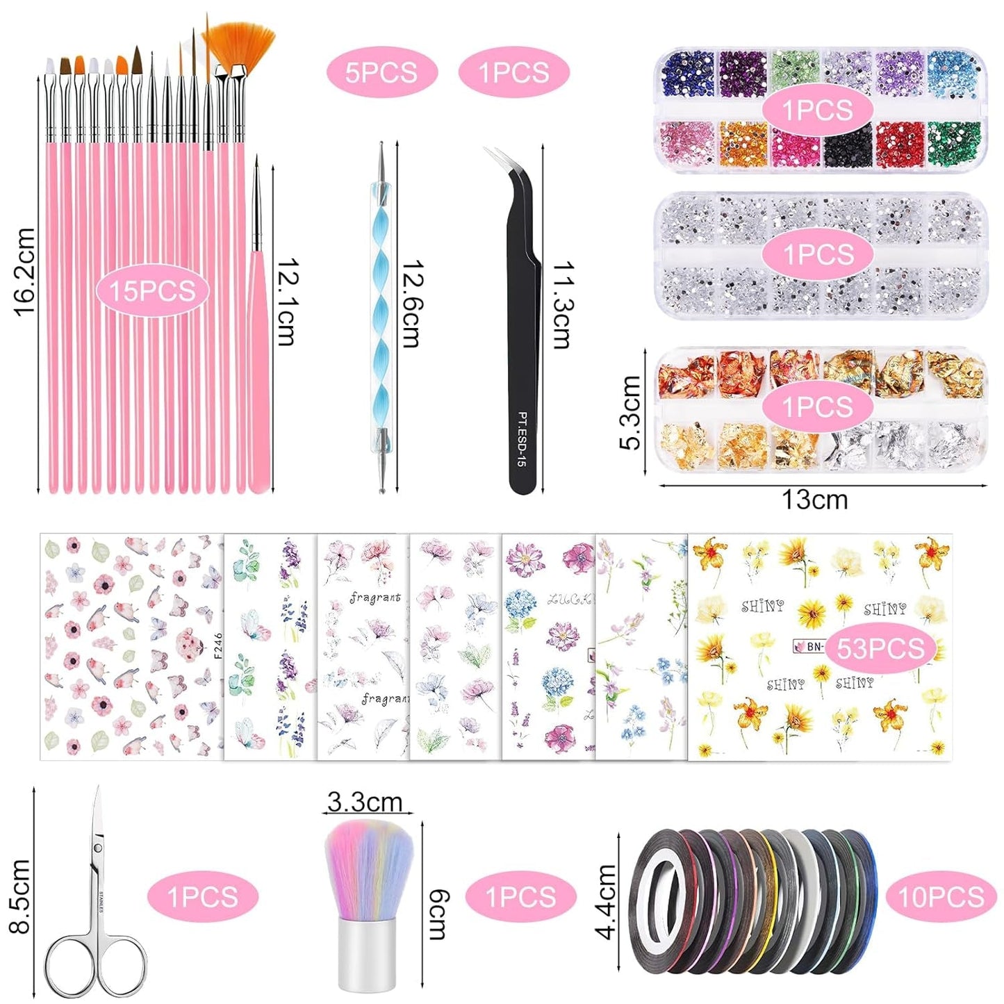 53 Blätter Nagelsticker, Nail Art Pinsel Und Dekorationen Set, 15 PCS Pinsel, 5 PCS Dotted Pen, Strasssteine, Blattgold Für Nagelkunst, Nagel Pailletten, Nagelkunstwerkzeuge Und Dekorationssets