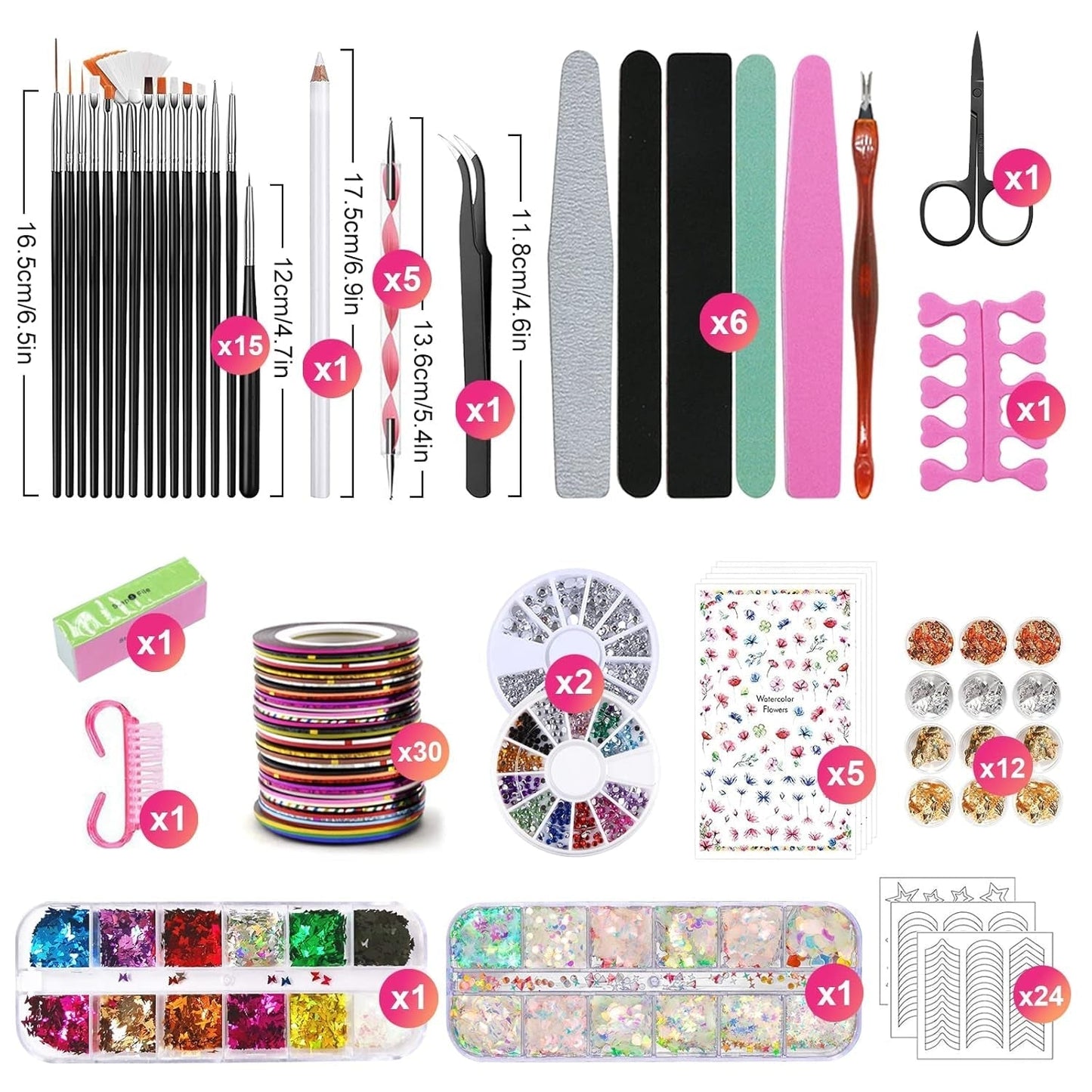 Nail Art Pinsel Und Dekorationen Set,Nail Art Dekoration Zubehör Set,15 ks Pinsel,5 Blätter Nagelsticker,5 ks tečkované pero,Strasssteine ​​​​Nägel,Ultra Dünn Nagel Paillettes Für Nagelkunst Maniküre