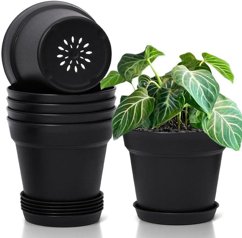 T4U 16cm plastový květináč s podšálkem, sada 6 plastových květináčů na bylinky s více drenážními otvory, kulatý květináč pro pokojové a balkónové sukulentní rostliny, kaktusy, bílá