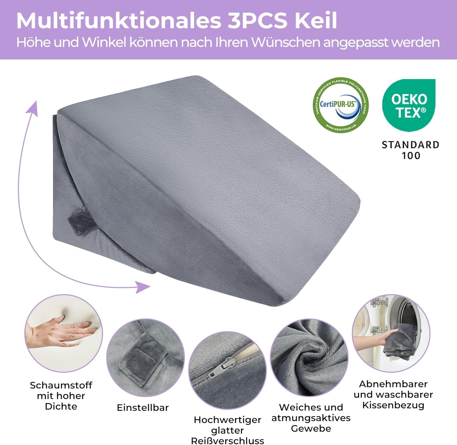 Nastavitelný polštář z pěny s vysokou hustotou, Ergonomický polštář na záda na postel a pohovku, Antirefluxní polštář na čtení na spaní, hraní, sledování televize (těžký)