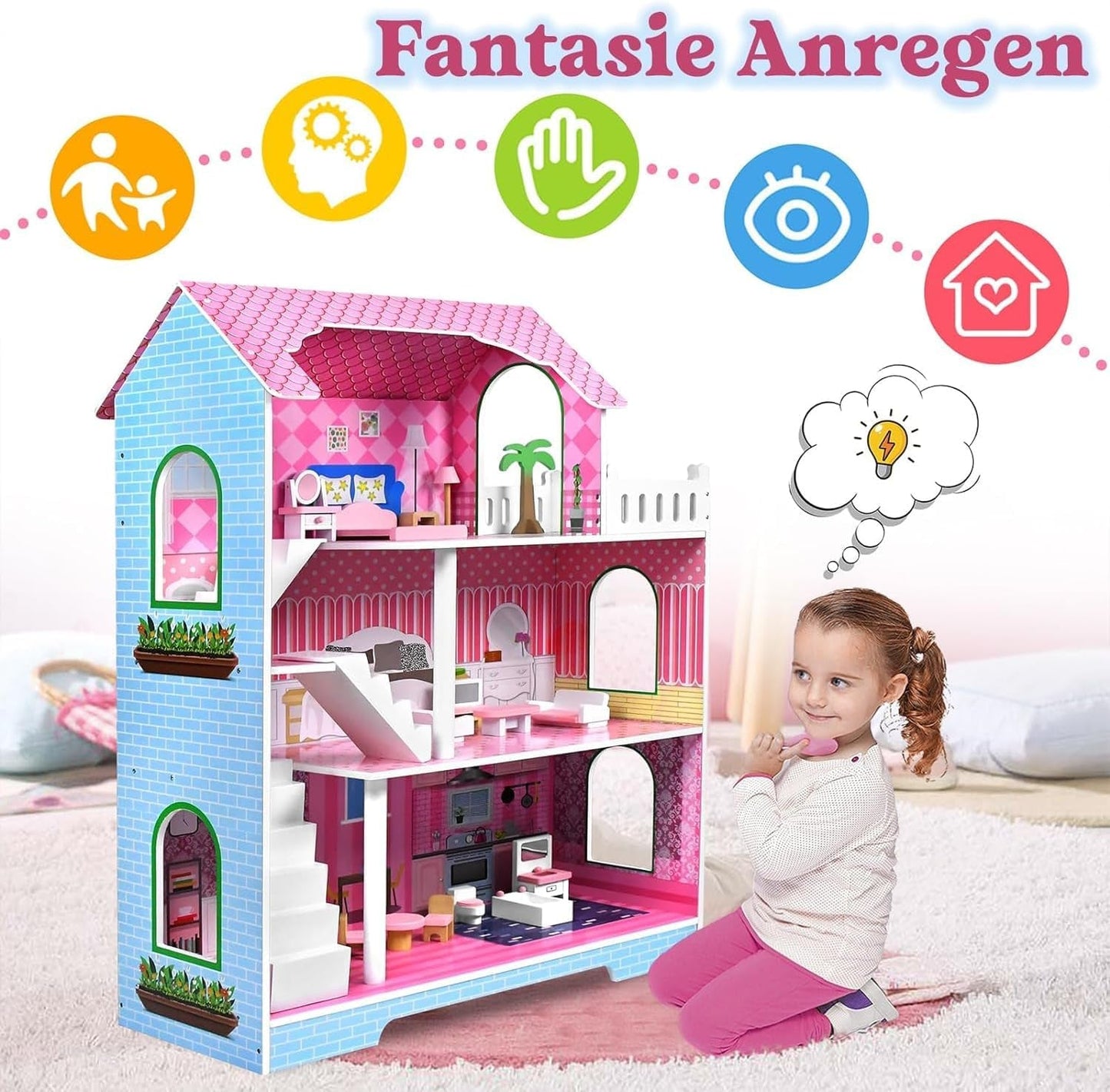 HENGMEI Puppenhaus Kinder Holz Puppenvilla Set domečku pro panenky Mädchen Spielset 3 Etagen Haus mit Möbeln und Zubehör, 70x30x100cm Puppenhäuser für Kinder (Typ B)