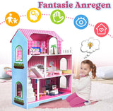HENGMEI Puppenhaus Kinder Holz Puppenvilla Set domečku pro panenky Mädchen Spielset 3 Etagen Haus mit Möbeln und Zubehör, 70x30x100cm Puppenhäuser für Kinder (Typ B)