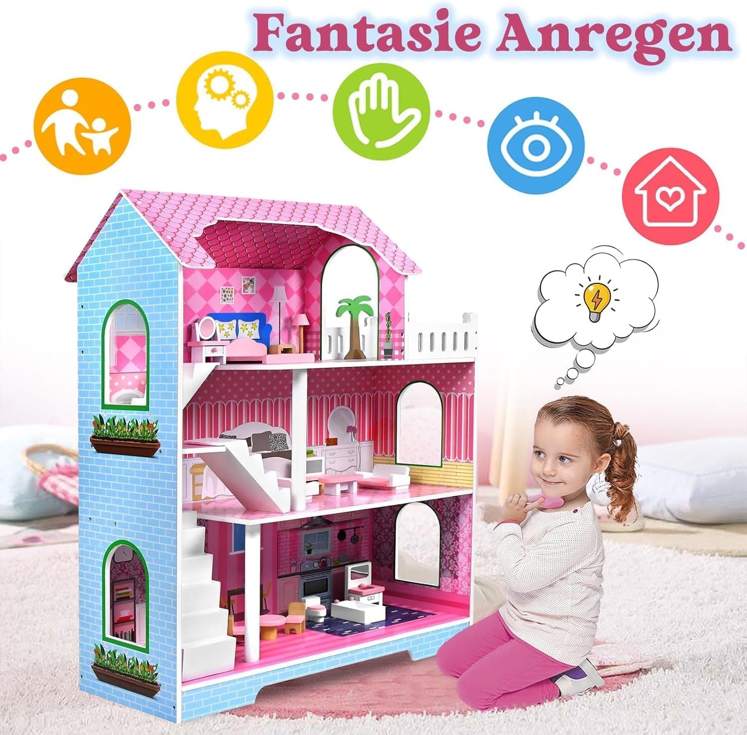 HENGMEI Puppenhaus Kinder Holz Puppenvilla Set domečku pro panenky Mädchen Spielset 3 Etagen Haus mit Möbeln und Zubehör, 70x30x100cm Puppenhäuser für Kinder (Typ B)