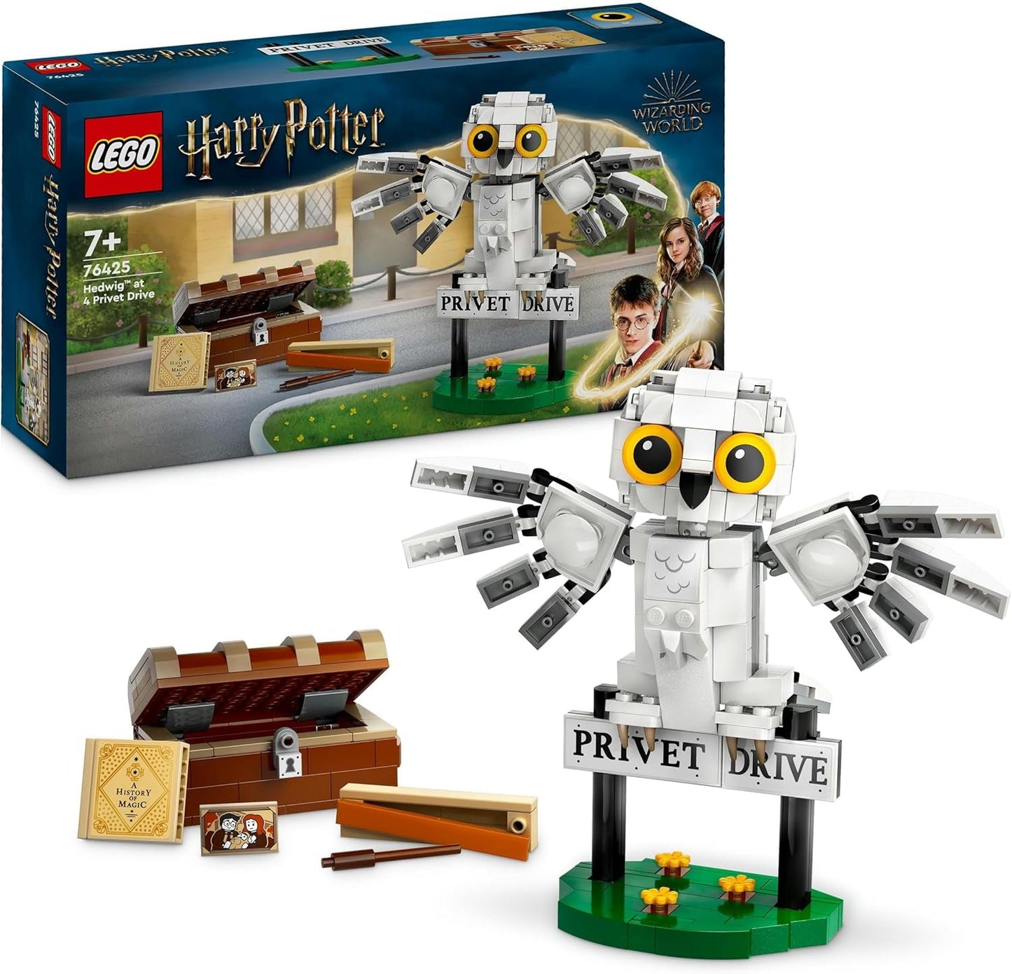 LEGO Harry Potter Hedwig in Privet Drive 4 Sada hračka sova pro děti, Sestavitelná figurka zvířete s bradavickým kufrem, Malý dárek pro chlapce, dívky a všechny fanoušky 7 let 76425 Stavebnice Besuche den LEGO-Store Single