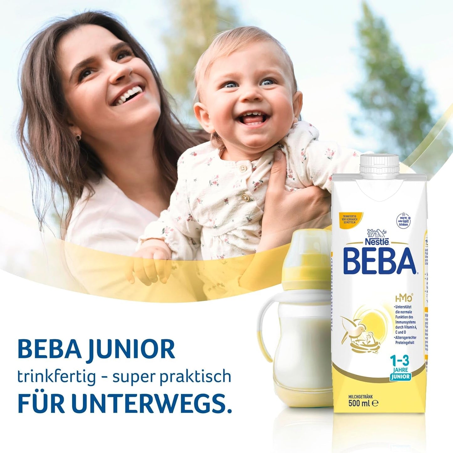 BEBA Junior hotový mléčný nápoj 1-3 roky, s HMO, obsah bílkovin odpovídající věku, bez palmového oleje, bez rybího tuku, krmivo pro batolata, balení 12 ks (12 x 500 ml)