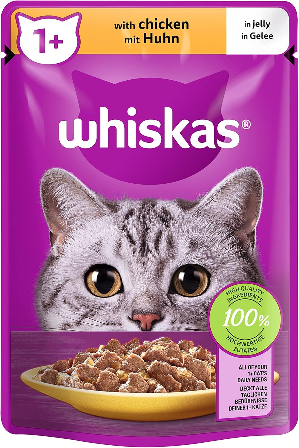 Whiskas 1+ mokré krmivo pro kočky s kuřecím masem v želé, 28x85g (1 balení) - Vysoce kvalitní mokré krmivo pro dospělé kočky v sáčcích po 28 porcích