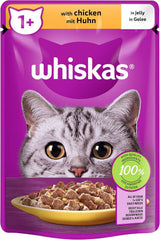 Whiskas 1+ mokré krmivo pro kočky s kuřecím masem v želé, 28x85g (1 balení) - Vysoce kvalitní mokré krmivo pro dospělé kočky v sáčcích po 28 porcích
