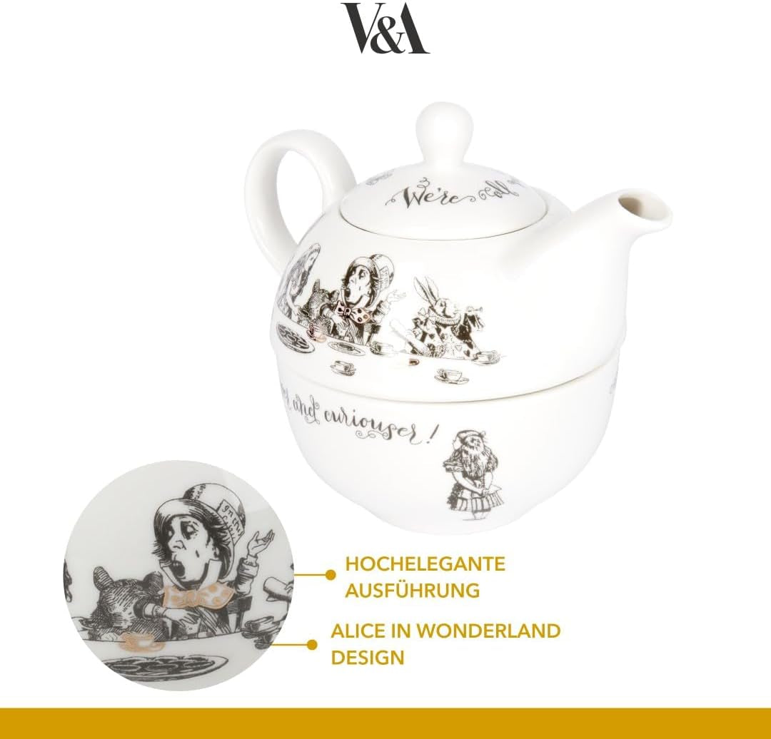 Sada konvice a šálku Alenka v říši divů pro 1 osobu v dárkové krabičce, jemný porcelánový čajový servis, bílá, 250 ml