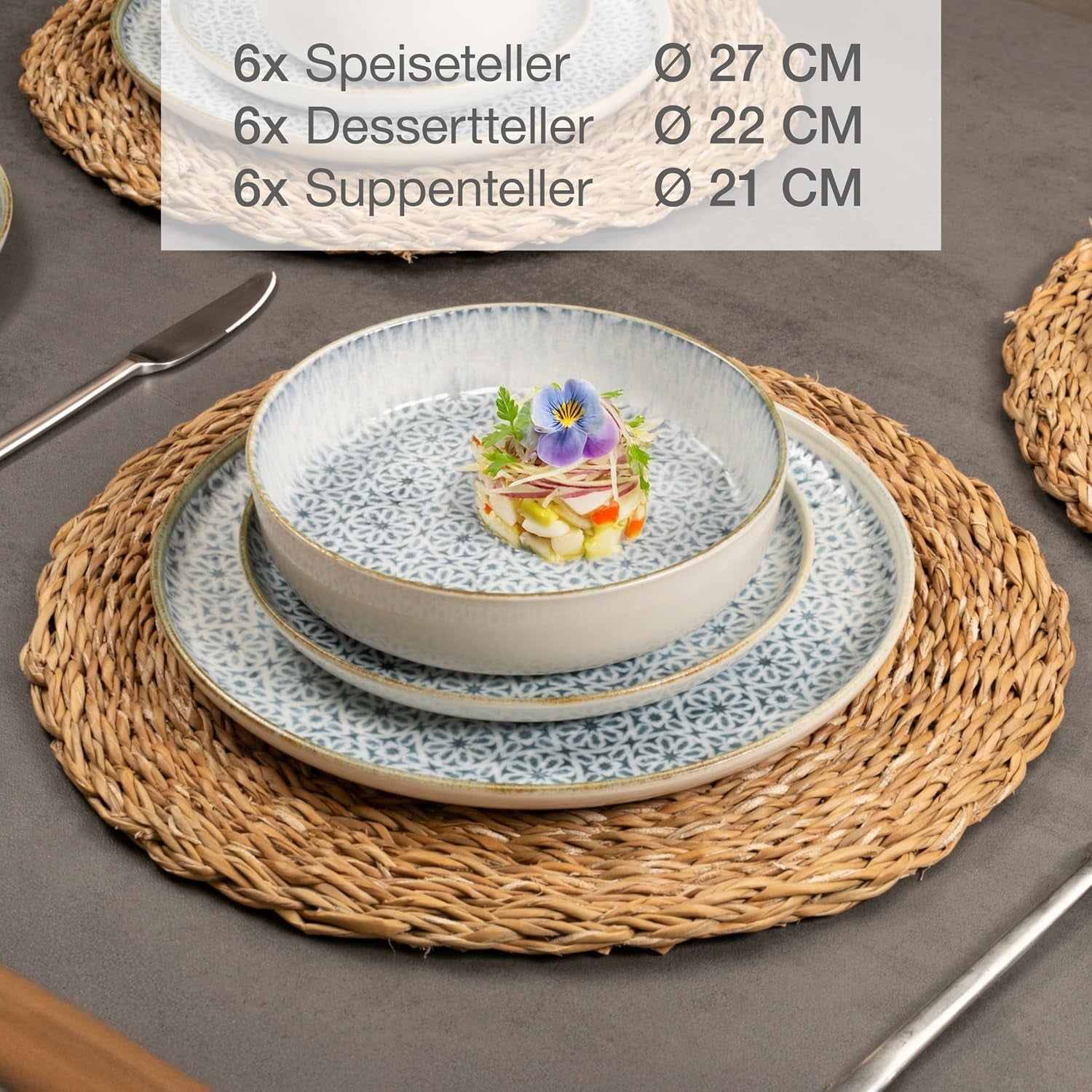 Sada nádobí Moritz & Moritz ALHAMBRA pro 6, 18 kusů, vysoce kvalitní porcelán – moderní modré nádobí – sada se snadnou údržbou obsahující 6 talířů, 6 dezertních talířů a 6 misek