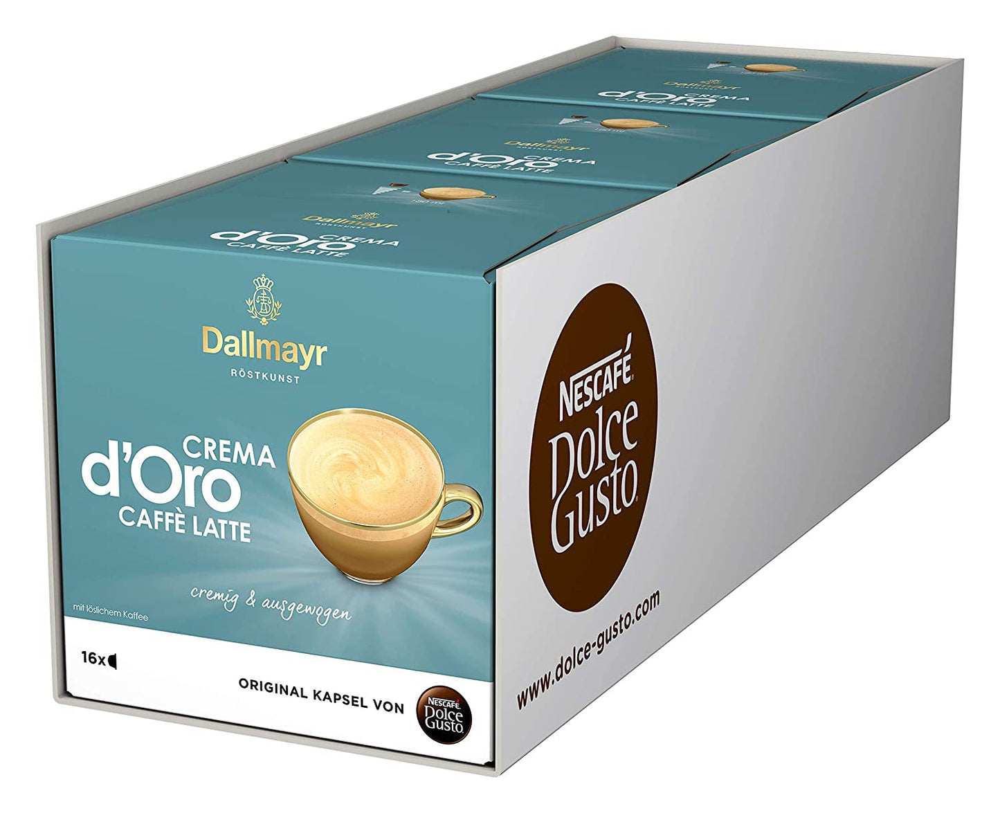 Dallmayr Crema d'Oro, XXL-Vorratsbox (3 x 30 kapslí) & Dallmayr Crema d'Oro Caffè Latte (48 kafé, 48 ks, cremig & ausgefungen) 3er Pack (3 x 16 kapslí)