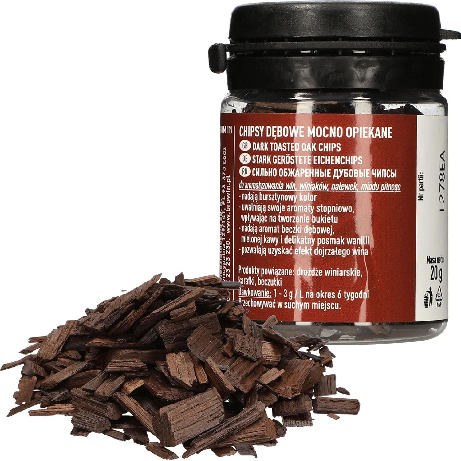 Browin Strong Roasted Oak Chips 20g - vločky, jemné dubové tyčinky na ochucení alkoholu, hnědé Aromas Naty Shop