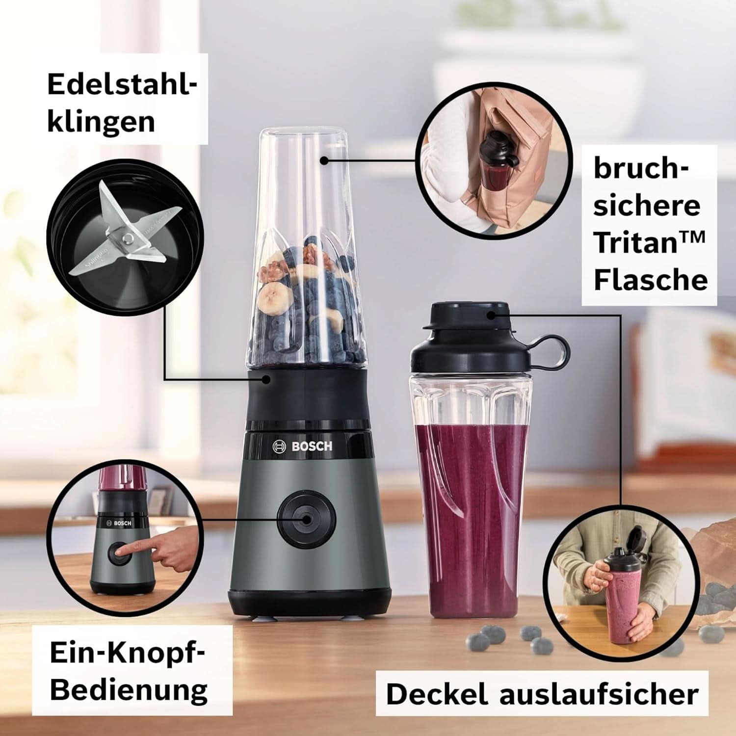Bosch Mini-stojanový mixér Vitapower Serie 2 MMB2111S, vysokorychlostní mixér, Bis Zu 40 000 ot./min., Tritan Togo-Flasche 0,6 L, Trinkdeckel, Bruchsicher, Spülmasch.Geeignete Teile, 450W, Silberty Shopwarz Kitchen