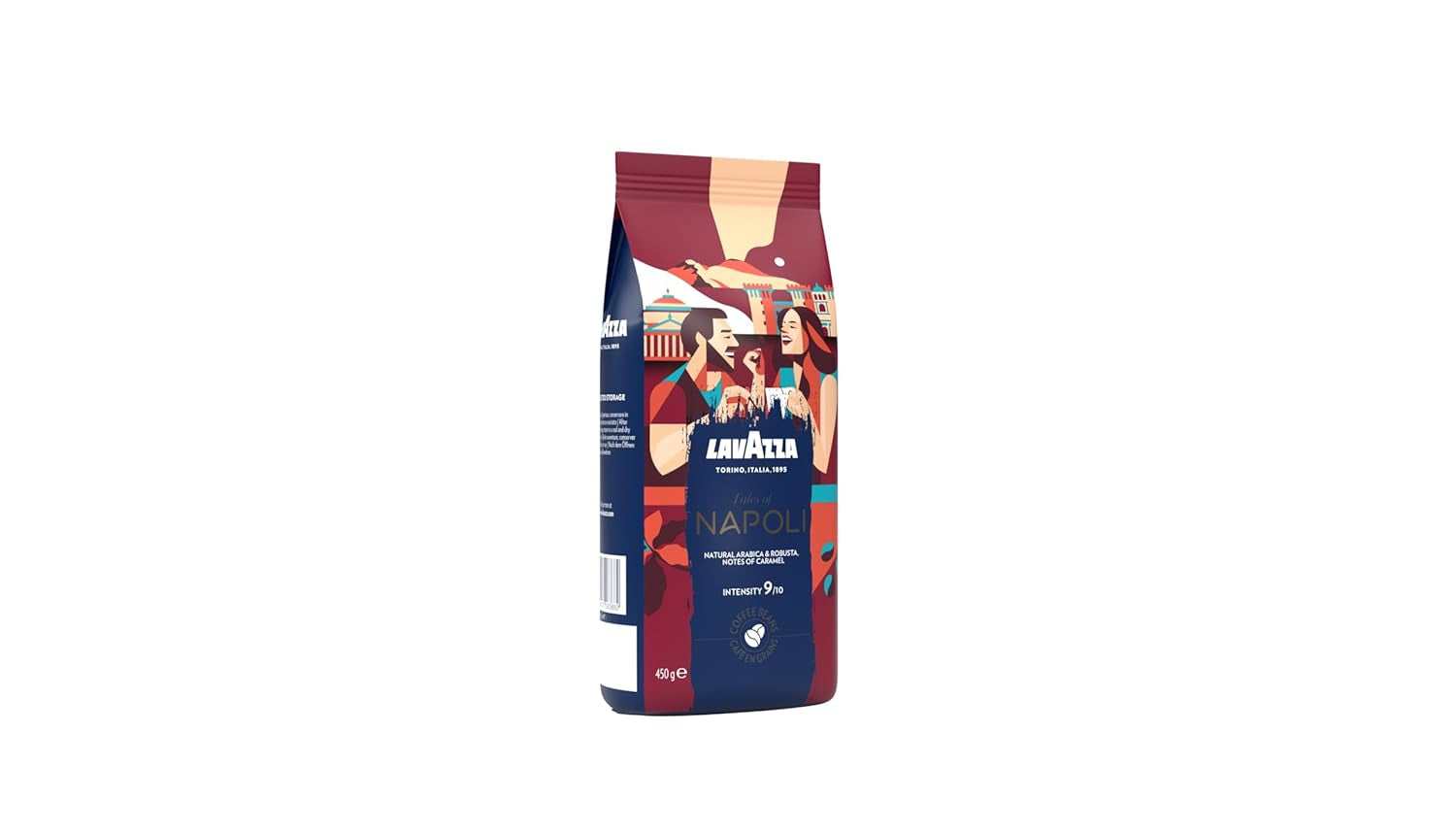 Lavazza, Tales of Napoli, kávová zrna, ideální pro espresso stroje, s aromatickými tóny kakaa a karamelu, Arabica a Robusta, intenzita 9/10, intenzivní pražení, 450 g