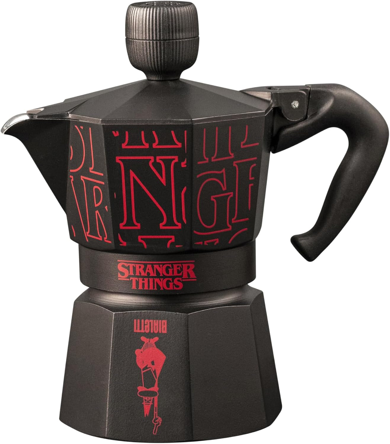Kávovar Bialetti Moka Express Stranger Things na 3 šálky, Tlačítko Music s funkcí nabíjení USB-C, Nevhodné pro indukční varné desky, 3 šálky (130 ml), Černá