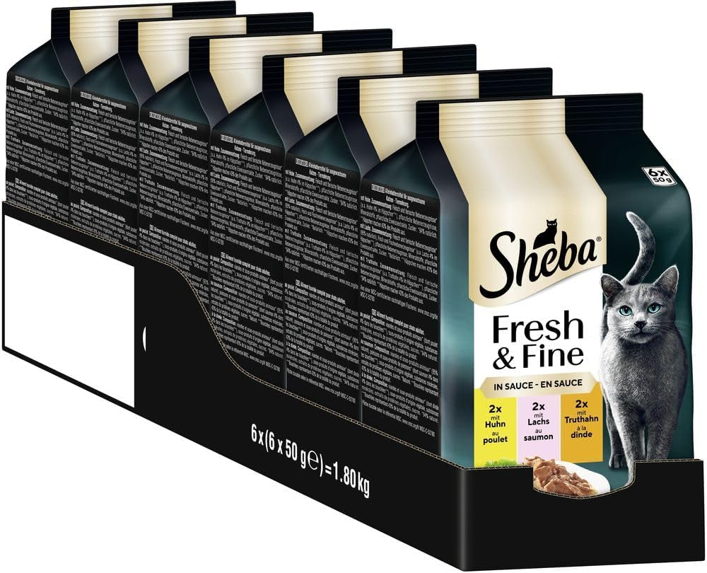 Sheba Portion Pouches Mokré krmivo pro kočky, multipack Fresh & Fine v omáčce s MSC kuřecím masem a lososem, 6x6x50g - Jemná jídla pro kočky v omáčce