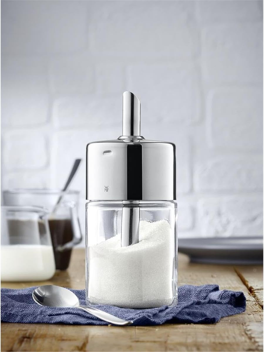 Šejkr na cukr WMF Barista 240 g, sklo, zásobník na cukr, leštěná nerezová ocel Cromargan, ideální na bílý/hnědý cukr, kakao nebo jako šejkr na koření
