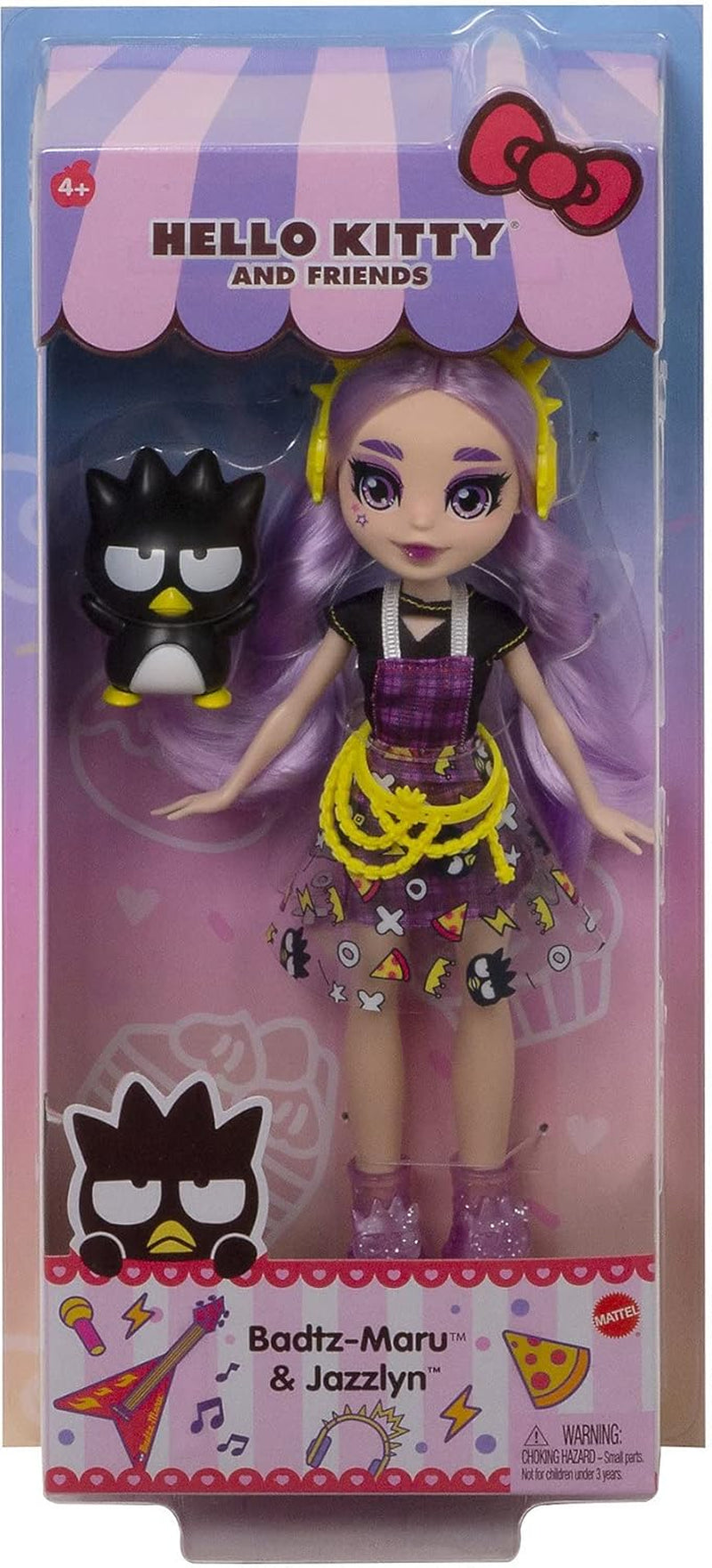 Mattel Hello Kitty GWW98 - Sanrio Badtz-Maru Figur und Jazzlyn Puppe (cca 25,4 cm) s oblečením a doplňky, dlouhý lila Haar a trendy outfit, tolles Geschenk für Kinder ab 3 Jahren