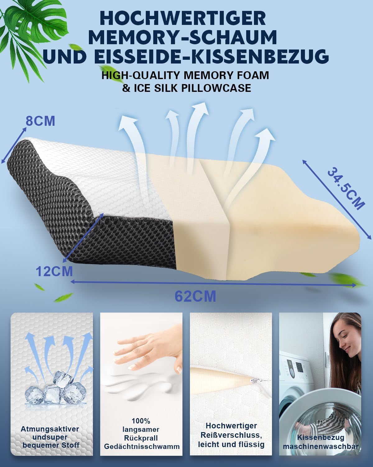 IDEA Polštář, Ergonomický ortopedický polštář na bolest krku, Polštář z paměťové pěny pro boční, zadní a břišní spáče, Polštář proti chrápání pro muže Ženy (62 * 34,5 * 12/8CM) Krční ortopedické polštáře Naty Shop