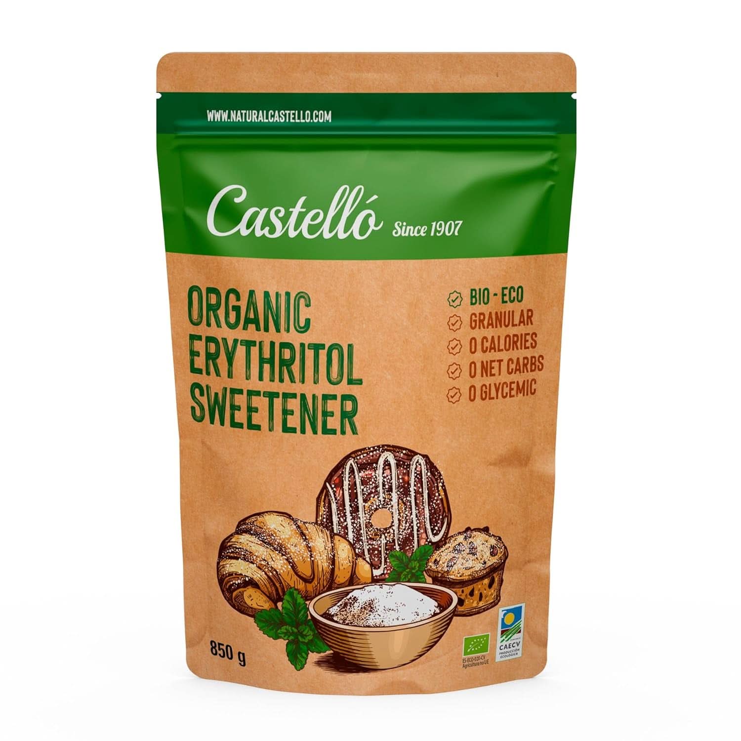 Přírodní organický erythritol, 10G = 7G cukru, 1 kg sladidel Naty Shop 850 gramů