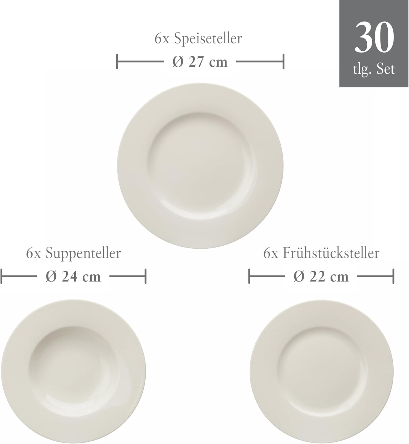 vivo - Villeroy & Boch Group - Basic White 30dílná sada nádobí, vhodné do myčky a mikrovlnné trouby, Bílá sada nádobí, Kávová sada, Keramika, Talíře, Šálky, Premium porcelán