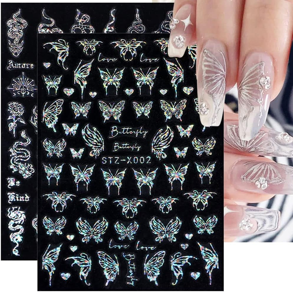 6 Blatt Schmetterling Samolepka na nehty Selbstklebend Laser Stříbrná Schmetterlings Nagelaufkleber 3D Aurora Stříbrná Schwarz Schmetterlinge Samolepky na nehty Frühling Nageldesign Samolepka na nehty Nail Art Zubehör