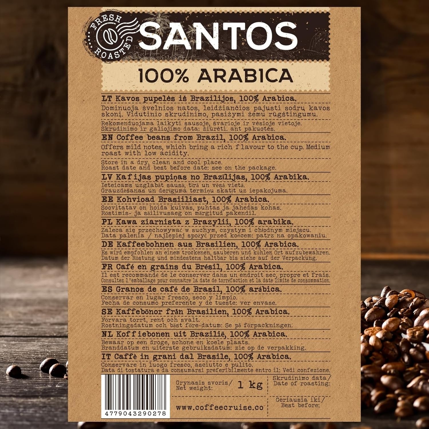 COFFEE CRUISE Santos Kaffeebohnen 1kg - Mittlere Röstung - Aroma Caramel - Für All Kaffeemaschinen - 100% Arabic