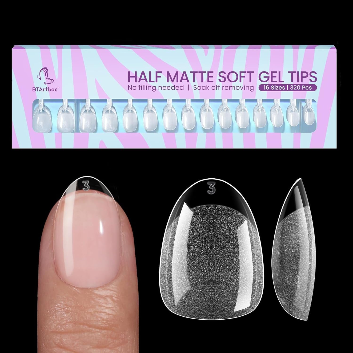 Btartbox Extra krátké mandlové špičky na nehty - Full Cover Gel X Soft XS Gelové špičky - Předtvarované polomatné pro široké nehty Salon 320 ks