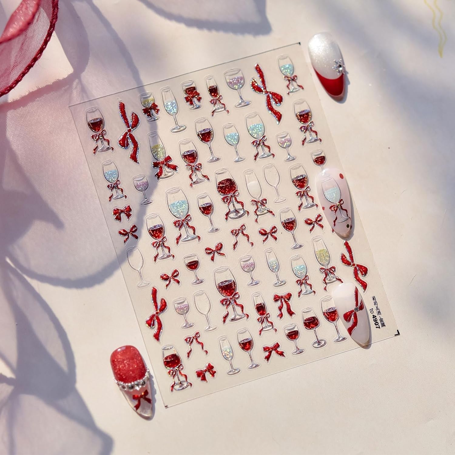 JMEOWIO 3D Nálepka na nehty Roter Kelch Mit Schleife Nálepka na nehty Selbstklebend Nagelaufkleber 5D Stereoskopická dekorace Nageldesign Zubehör 1 Blatt