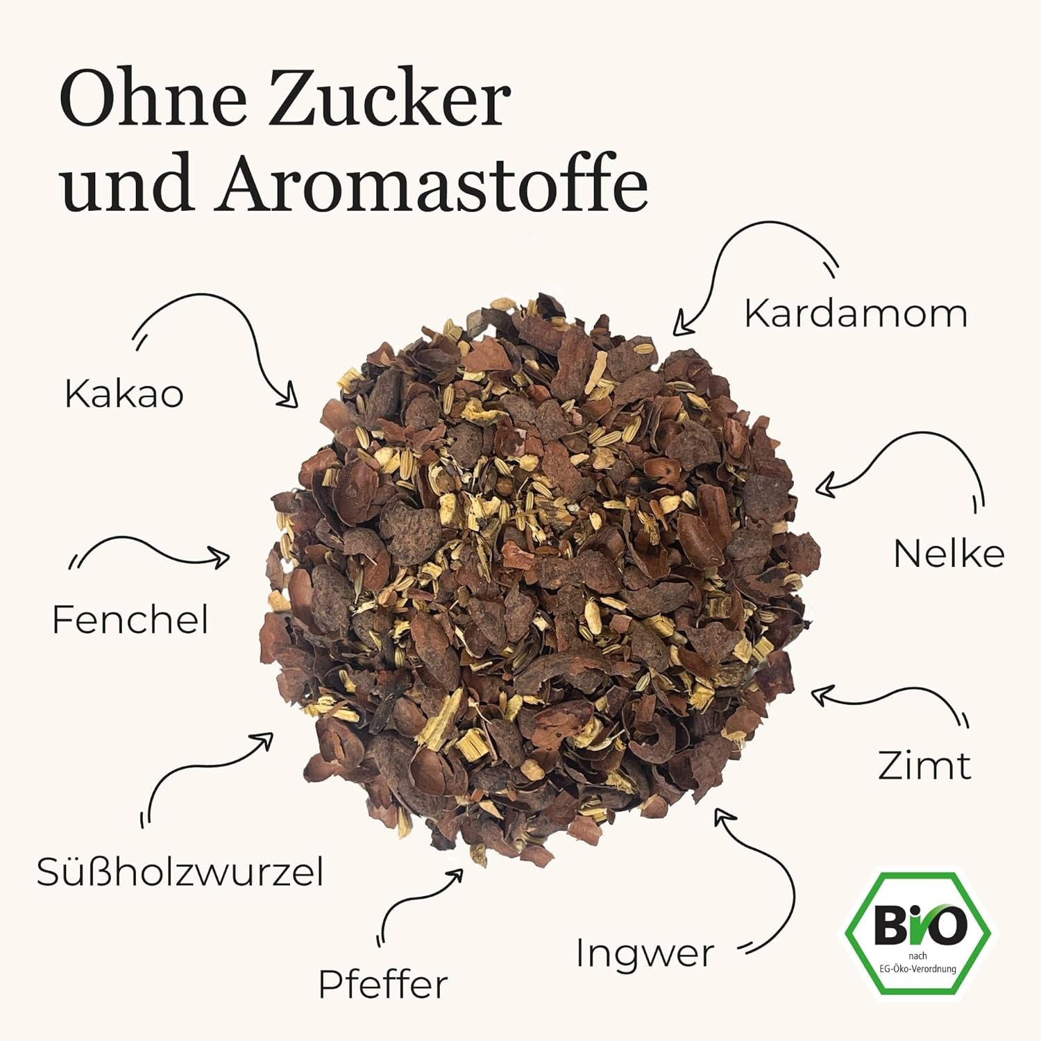 BIO Schoko Chai kořeněný čaj bez cukru, s kakaovými lusky, skořicí, lékořicí a dalším aromatickým Chai kořením, 100 g