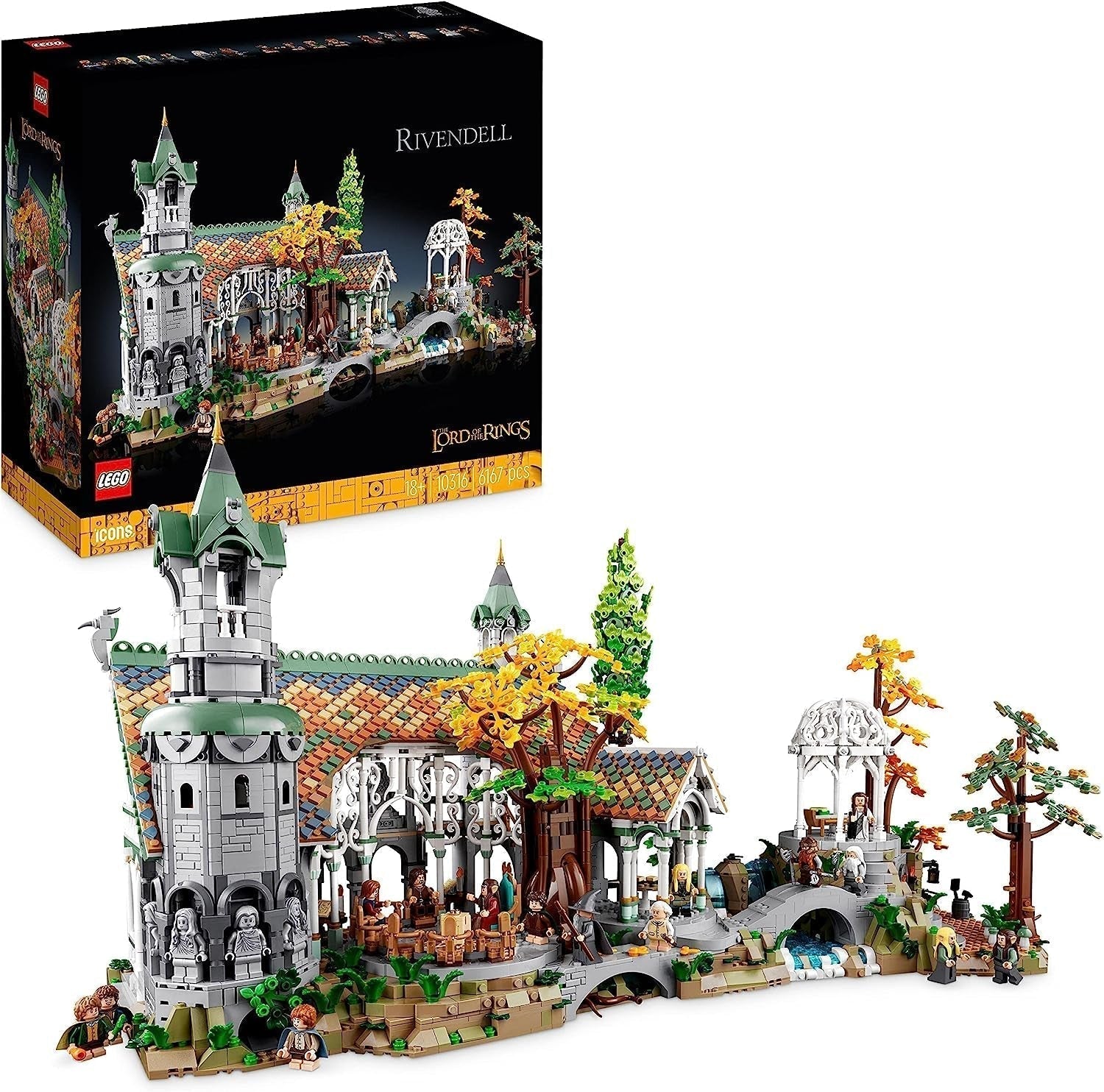 LEGO Icons Pán prstenů: Roklinka – sbírka a výstavní sada pro dospělé s 15 jedinečnými minifigurkami včetně Gandalfa, Legolase, Aragorna a Froda exkluzivně na Amazonu – 10316 stavebnic Besuche den LEGO-Store Single