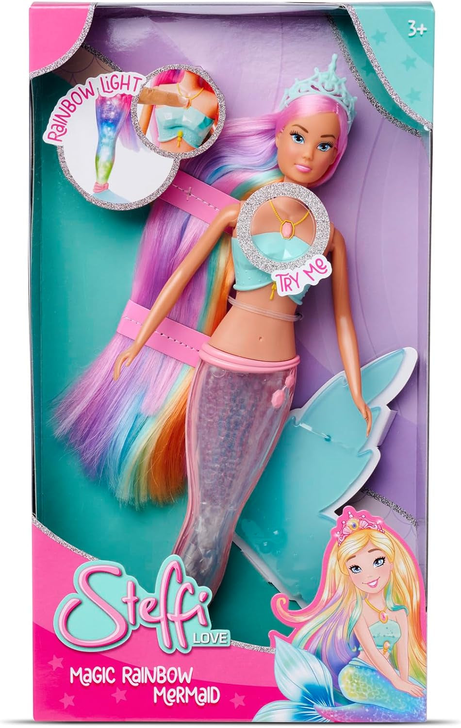 Steffi Love Magic Rainbow Mermaid, Mořská panenka s funkcí Magic Rainbow Light a extra dlouhými vlasy, 39 cm, věk 3+