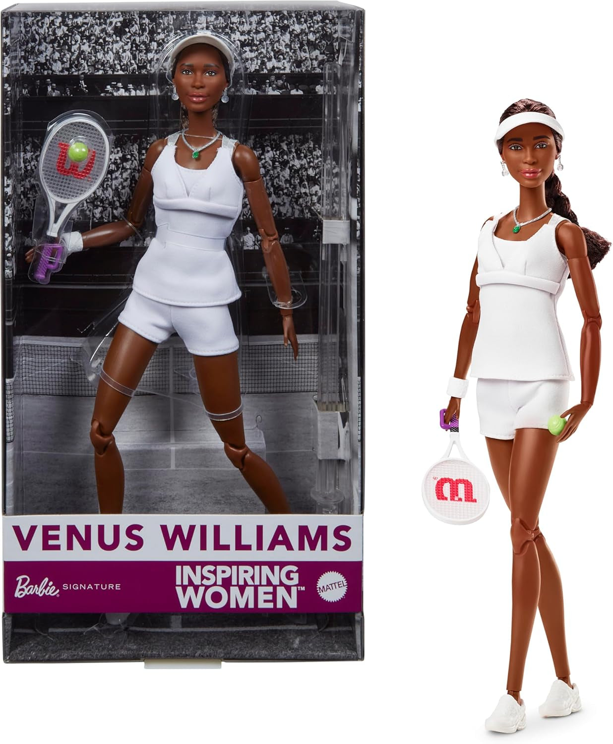 Barbie inspirující dámská série Módní panenka Venus Williams s podepsanou uniformou a tenisovou raketou včetně prezentačního boxu HRM49
