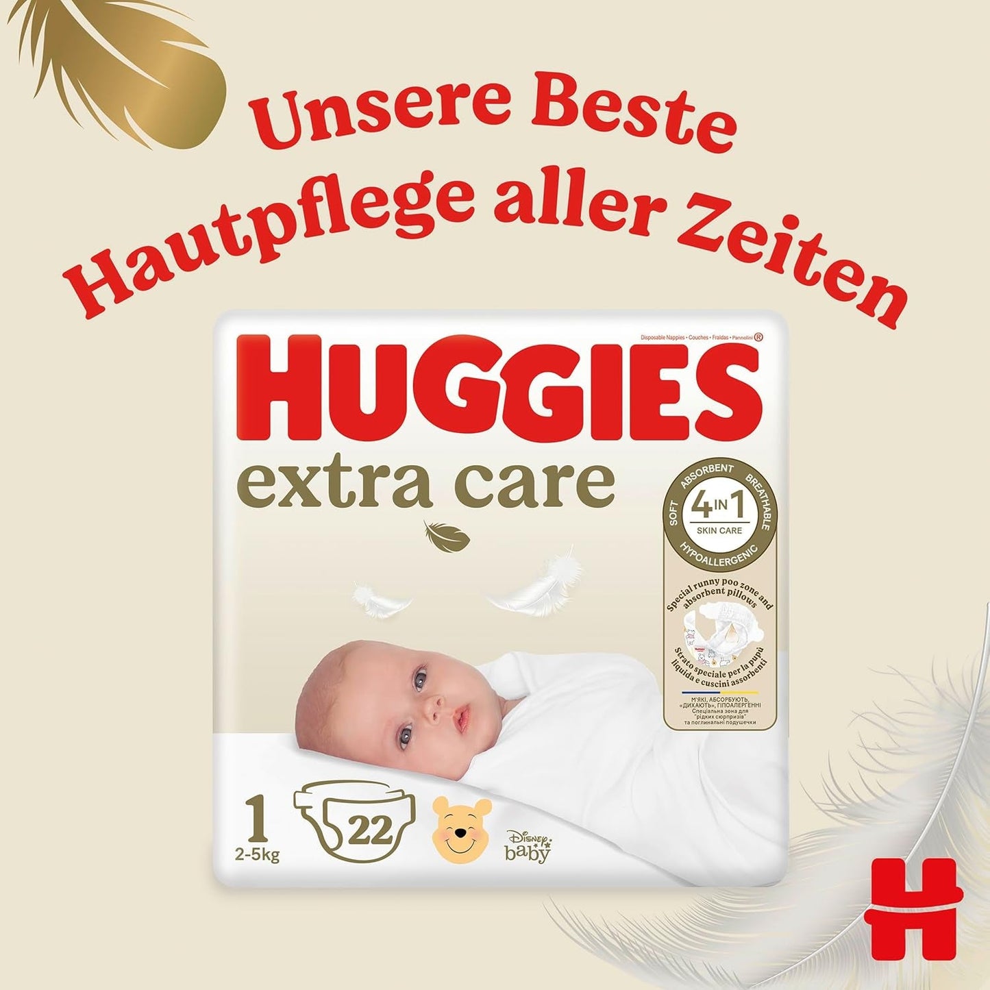 Novorozenecké plenky Huggies, velikost 1, 100 plen (2 x 50), půlměsíční krabice