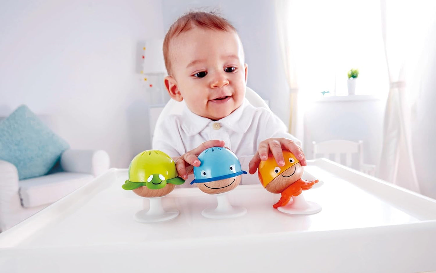 Sada chrastítek s přísavkou Hape | Tři zvířata s prvky kousacího kroužku, želva, chobotnice a velryba | Učící hračka od 0 měsíců Bebe Toys Naty Shop