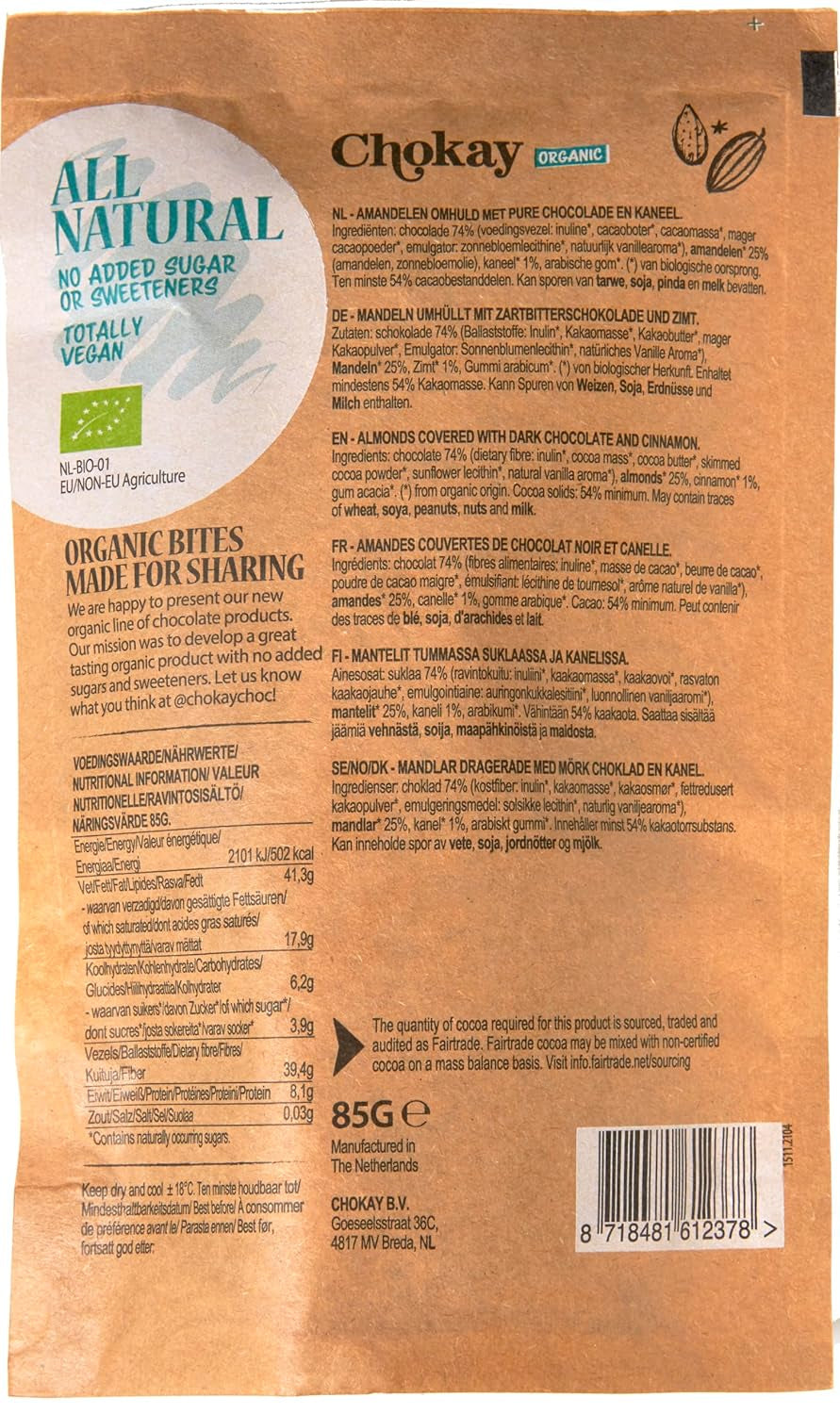 Sada 4 bio kousků - skořicové mandle/skořicové mandle v belgické hořké čokoládě/bez přidaného cukru, bez sladidel/VEGAN & FAIR TRADE / 4 x 85g