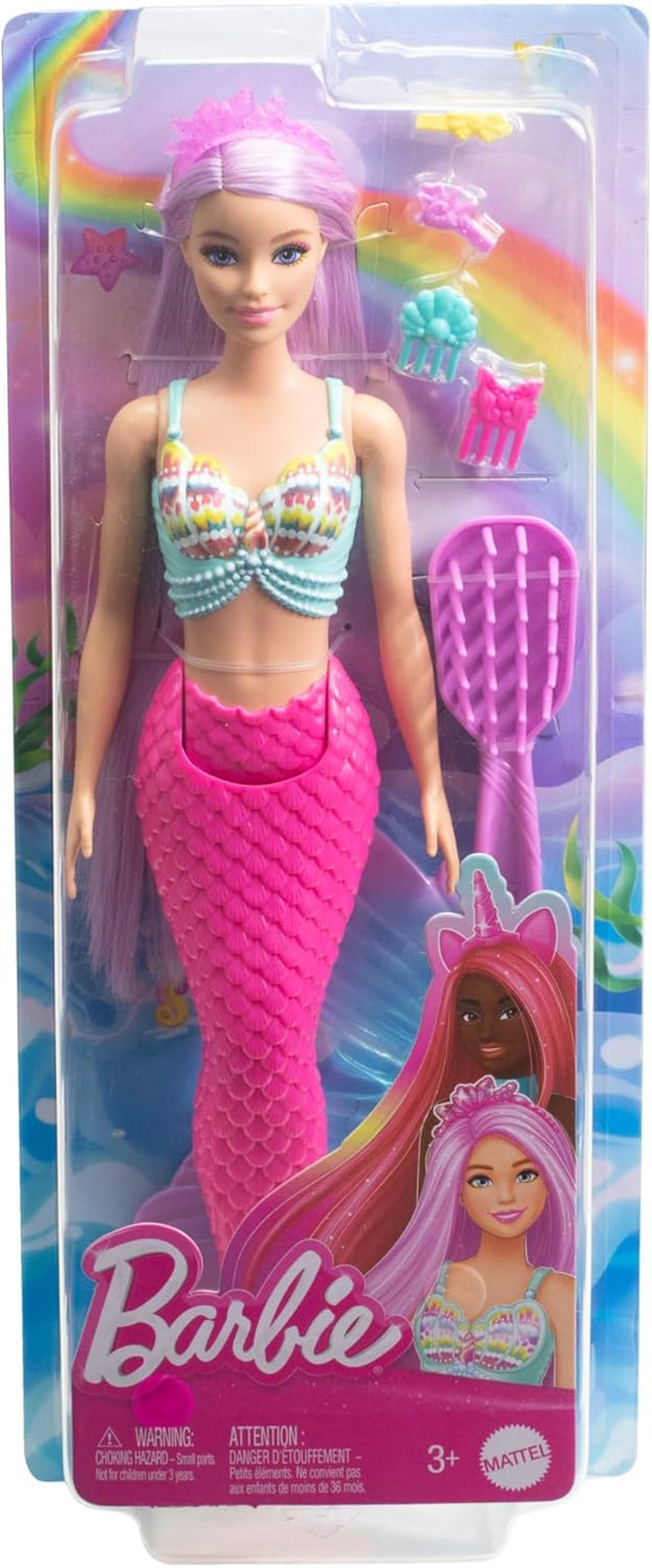 Panenka Barbie mořská víla – s dlouhými růžovými vlasy a vlastními stylingovými doplňky, včetně kartáče, krásné mušle a růžových ploutví, pro děti od 3 let, HRR00 Naty Shop Dolls