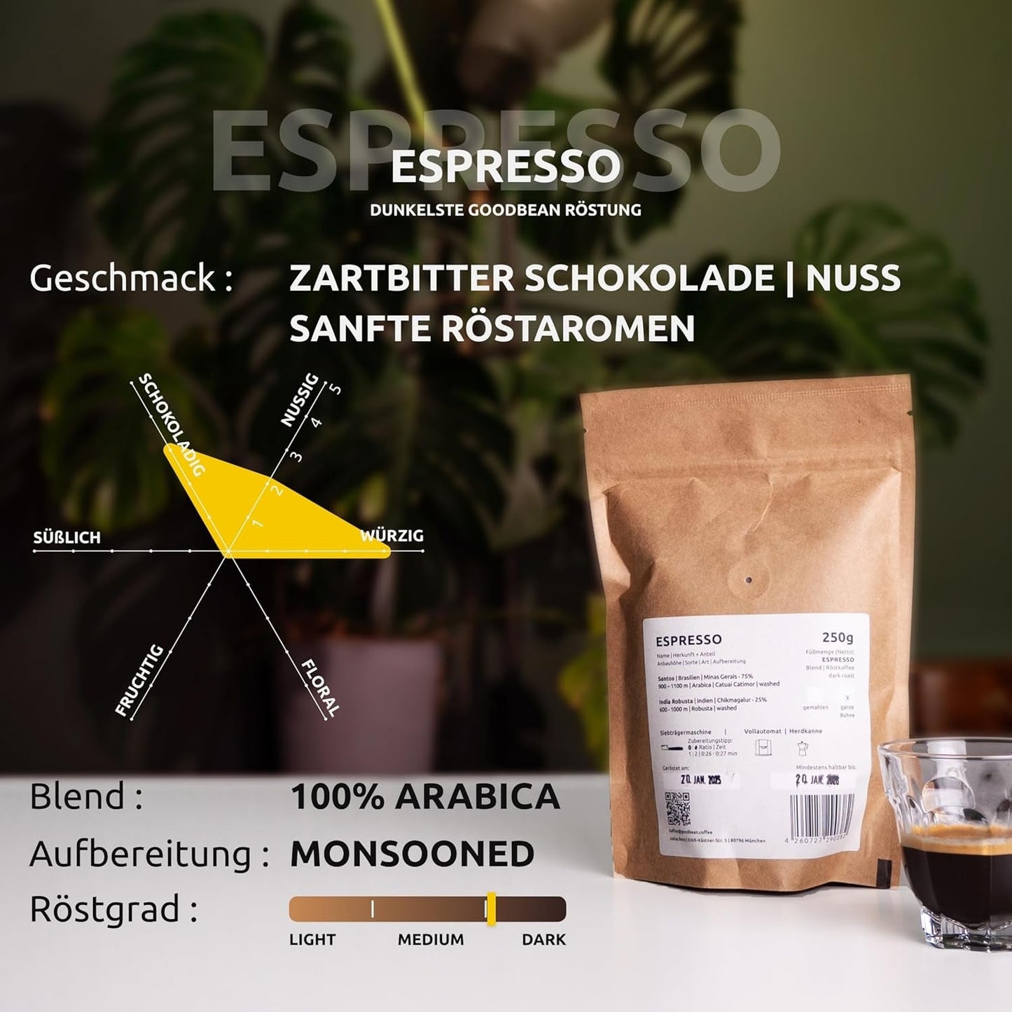 ESPRESSO | Kávová zrna 500g - 100% Arabica | Čerstvě upražené pro přípravu espressa | Celá kávová zrna | Klasická chuť kávy