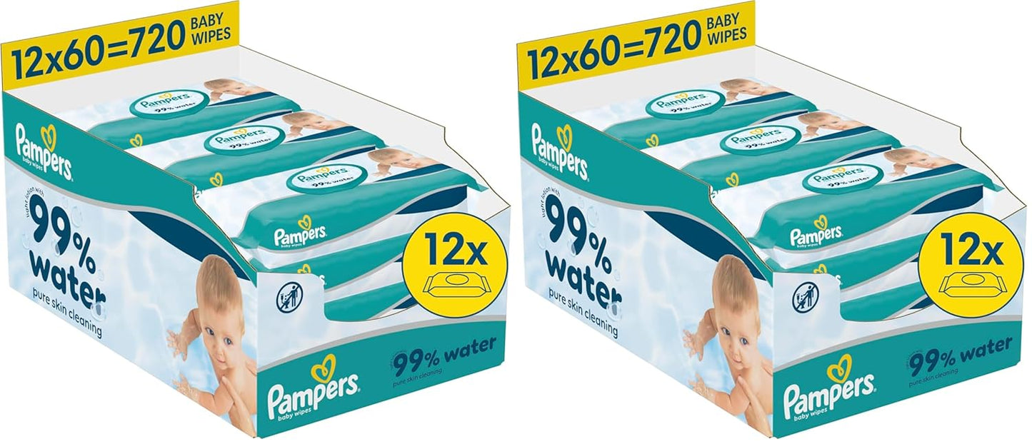 Pampers 99% vodní dětské ubrousky, 12 balení po 60 ubrouscích = 720 dětských ubrousků, lehké mléko 99% voda