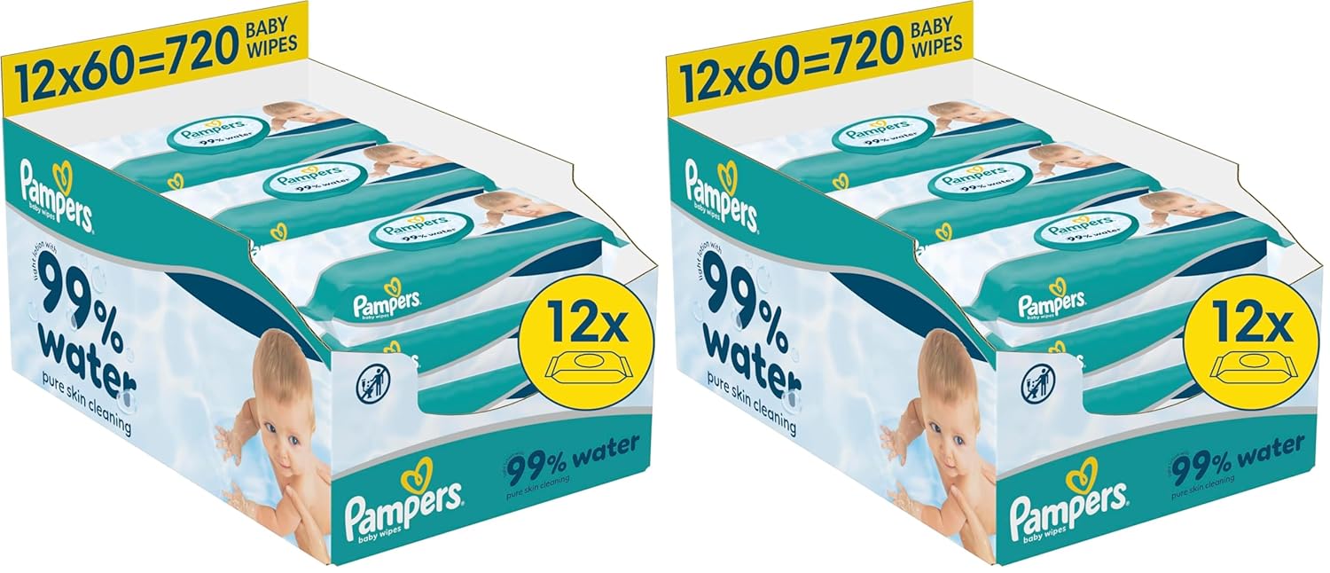 Pampers 99% vodní dětské ubrousky, 12 balení po 60 ubrouscích = 720 dětských ubrousků, lehké mléko 99% voda