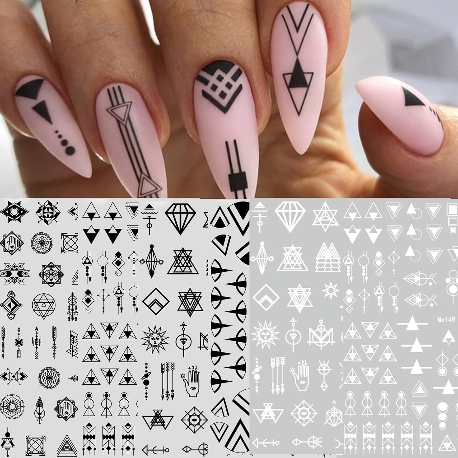 12 Blatt Nagelsticker Geometrisch Nagelaufkleber Selbtklebend Schwarz-Weißes Mysteriöses Dreieck Nail Art Sticker Dekoration Nageldesign Zubehör