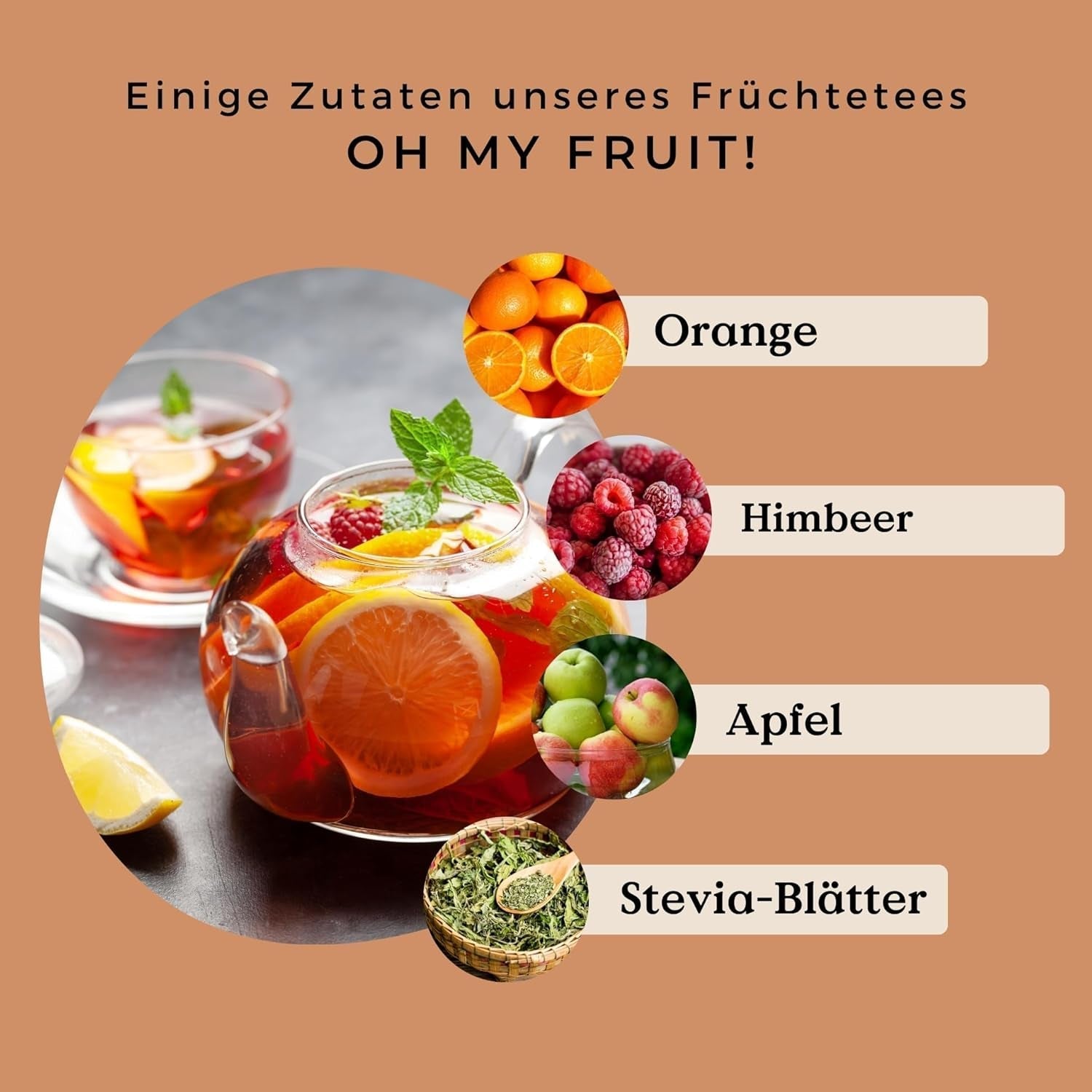 Oh My Fruit BIO ovocný čaj 100 g (50 šálků) | Sypaný ovocný čaj s jablky, ibiškem, malinami, pomeranči a listy stévie REPLANTEA