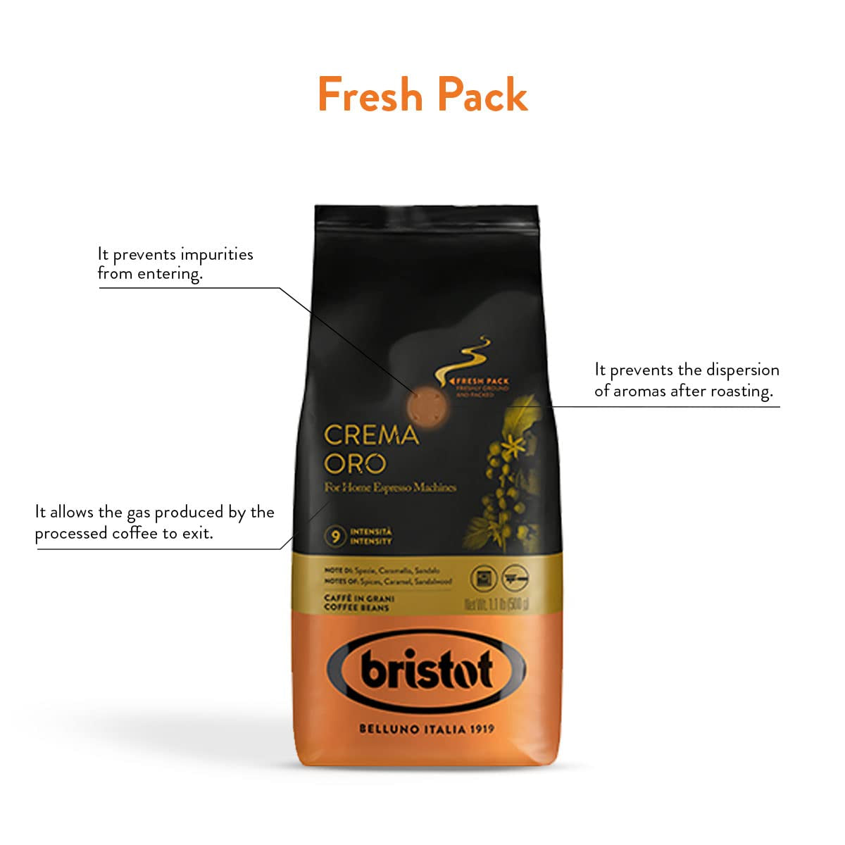Bristot, Kaffeebohnen CREMA ORO – Celkem 1 kg – Mischung mit intenzivní Aroma, süßem Geschmack, Gewürzen, Caramel, Sandelholznoten – Set mit 2 pro 500 g