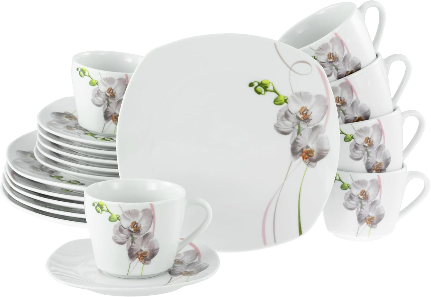 CreaTable, 24024, Square Orchid Series, 18dílná sada nádobí pro 6, Porcelánový kávový servis, Vhodné do myčky a mikrovlnné trouby, Kvalitní výroba