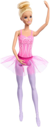 Panenka Barbie Ballerina Módní blonďatá panenka v odnímatelných lila Tutu s baletními pažemi a špičatými botami HRG34