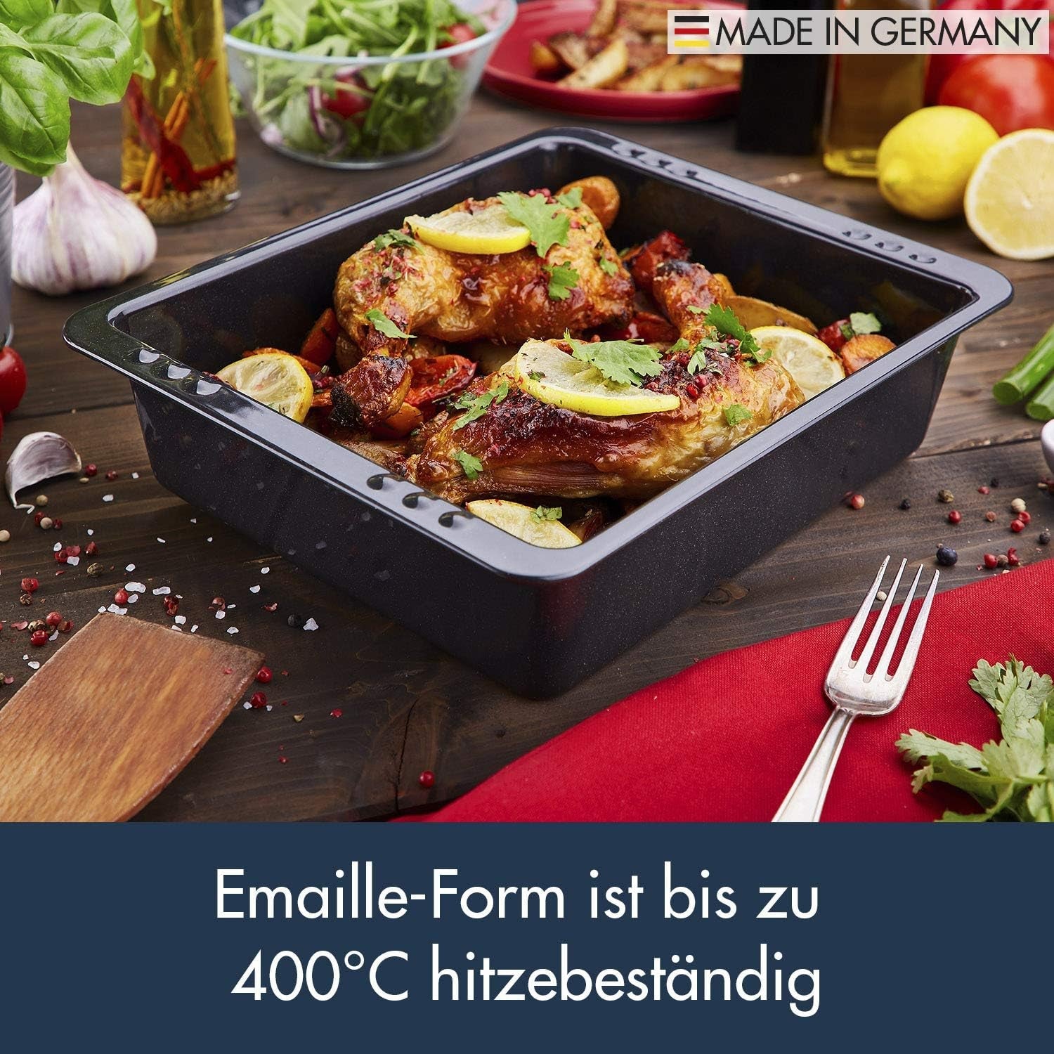 Chg SET 341-46-60 Extra Tiefe Ofenform (7,0 Cm) "Emaille" Mit Profi-Pfannenwender", Schwarz Gesprenkelt Formy a plechy na pečení Naty Shop