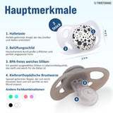 Dětské dudlíky Twistshake – balení 2 ks | Ortodontická forma | Ultralehký | Měkká silikonová savička | Bez BPA | Vhodné pro miminka od 6 měsíců | Šedo-bílá