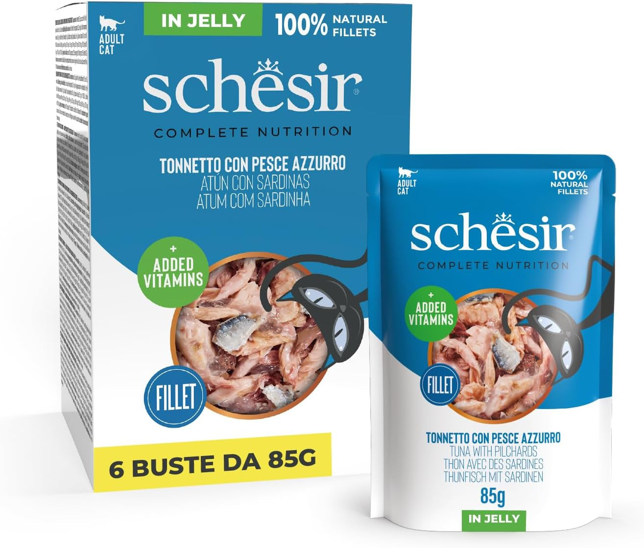 , Tuňák s modrou rybou v želé, kompletní mokré krmivo pro kočky, v sáčku, s dalšími vitamíny, 100% přírodní, 6 x 85 g