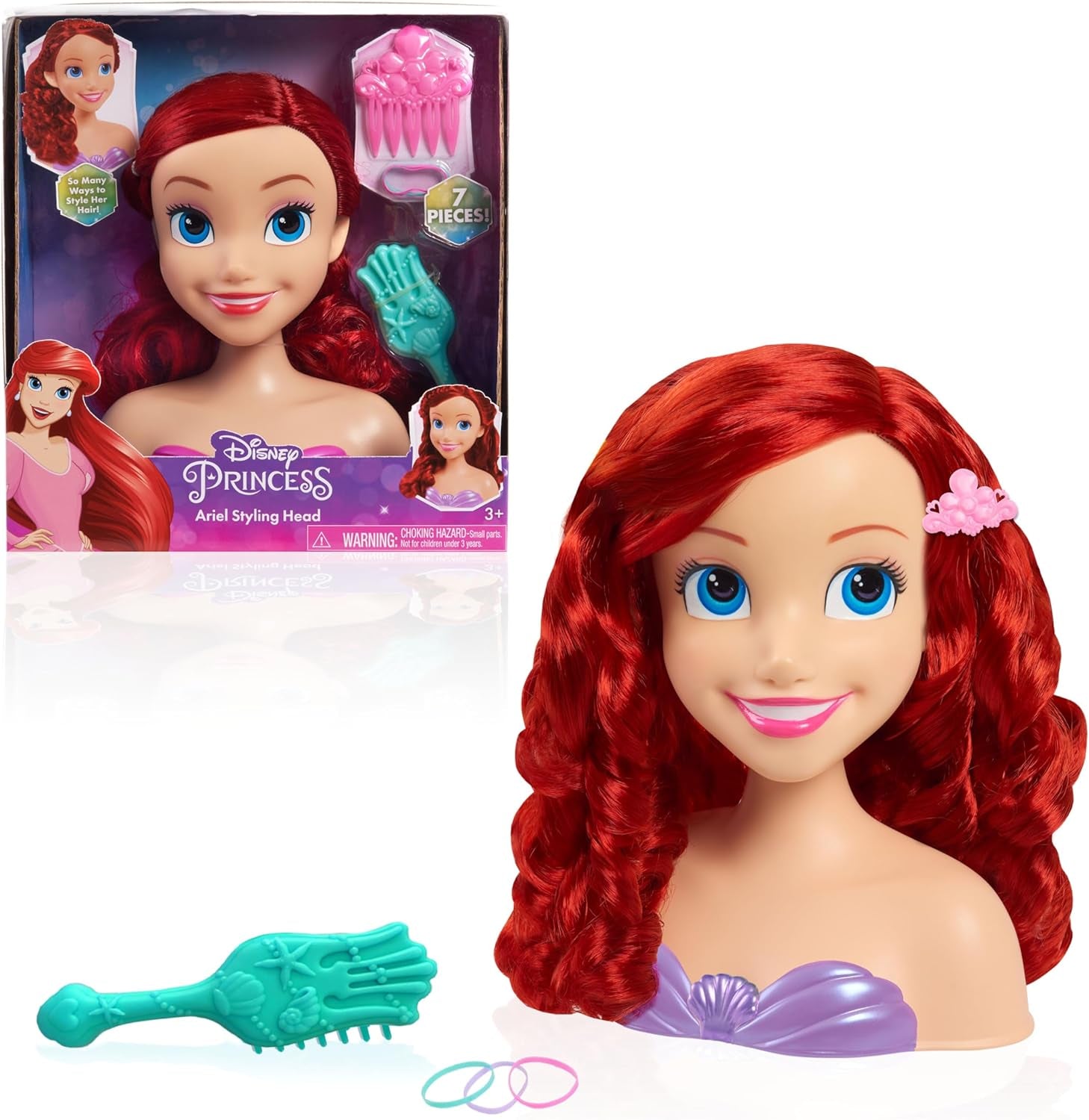 Ariel Just Play Vlasová hlava Disney Princess 20 cm s příslušenstvím Sada 7 dílů Hračka do červených vlasů pro děti od 3 let